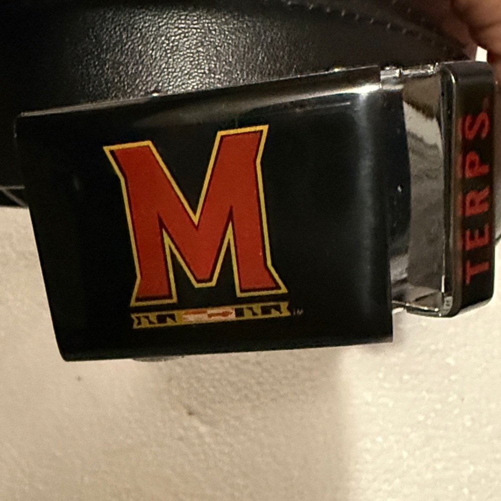Terps Black Leather Belt with Red Logo